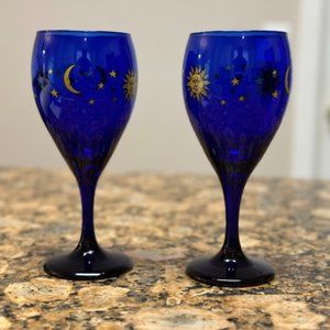 Libbey Cobalt Blue Celestial Gold Yellow Sun Moon Stars Wine Glasses SET of 2